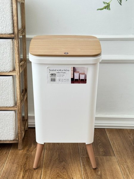 سطل نفايات أبيض غطا بامبو 16لتر